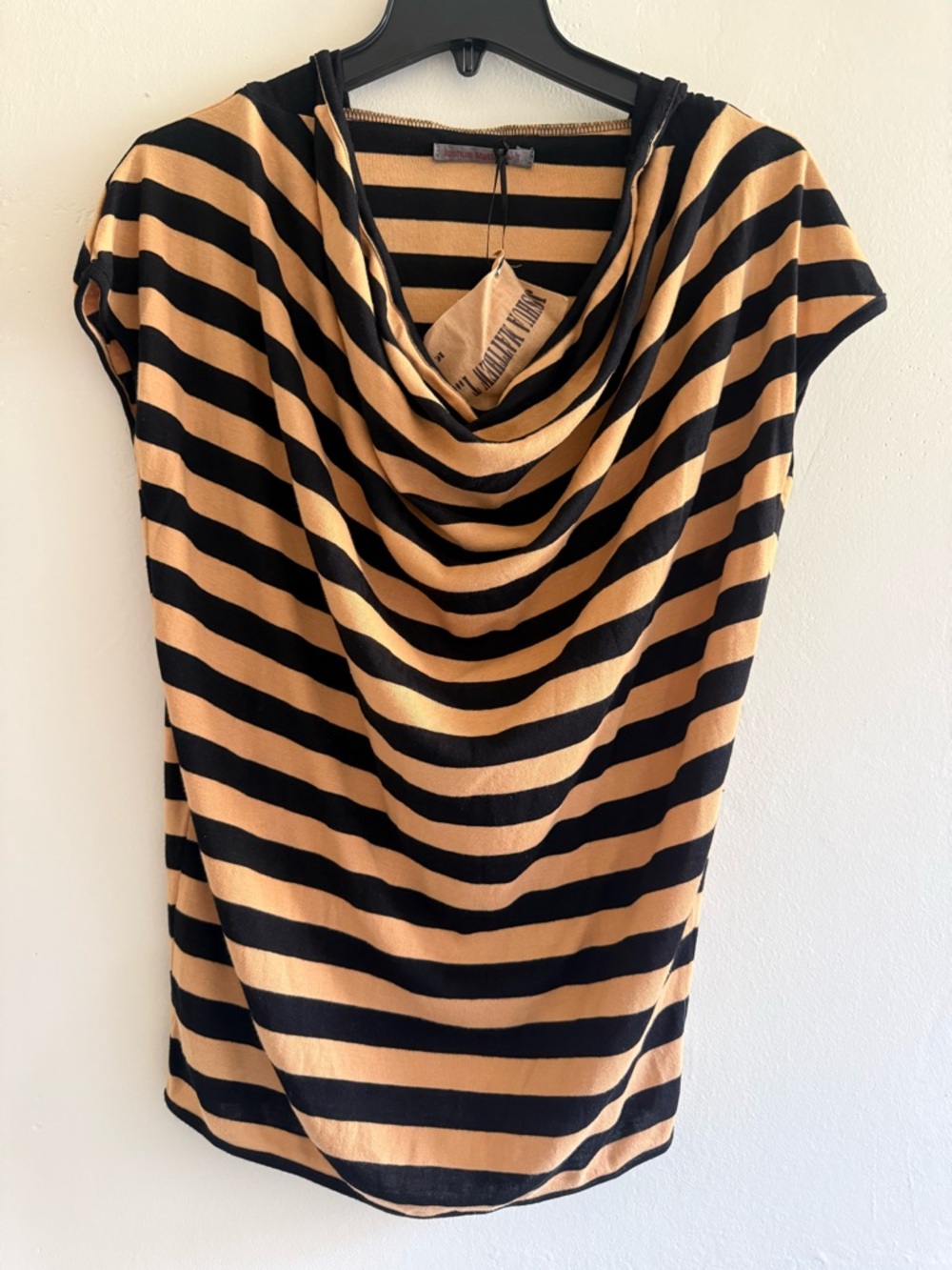 Striped Black and Tan Cowl Neck Muscle Tee